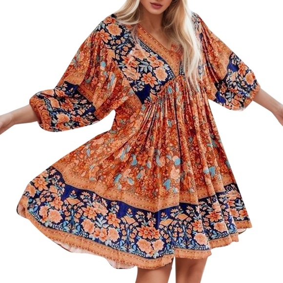 gigio boho Dresses & Skirts - Orange Tiered Midi Sundress with Bishop Sleeves